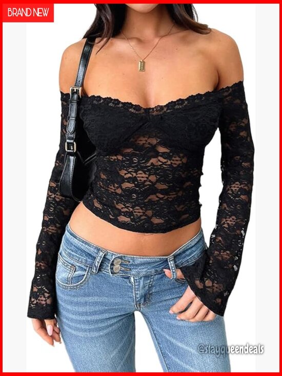 Tops - Off Shoulder Crop Top Long Sleeve Sheer Lace Backless Going Out